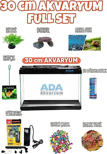 Full Akvaryum Seti Siyah Renk 35X25x15 Cm 9 Parça